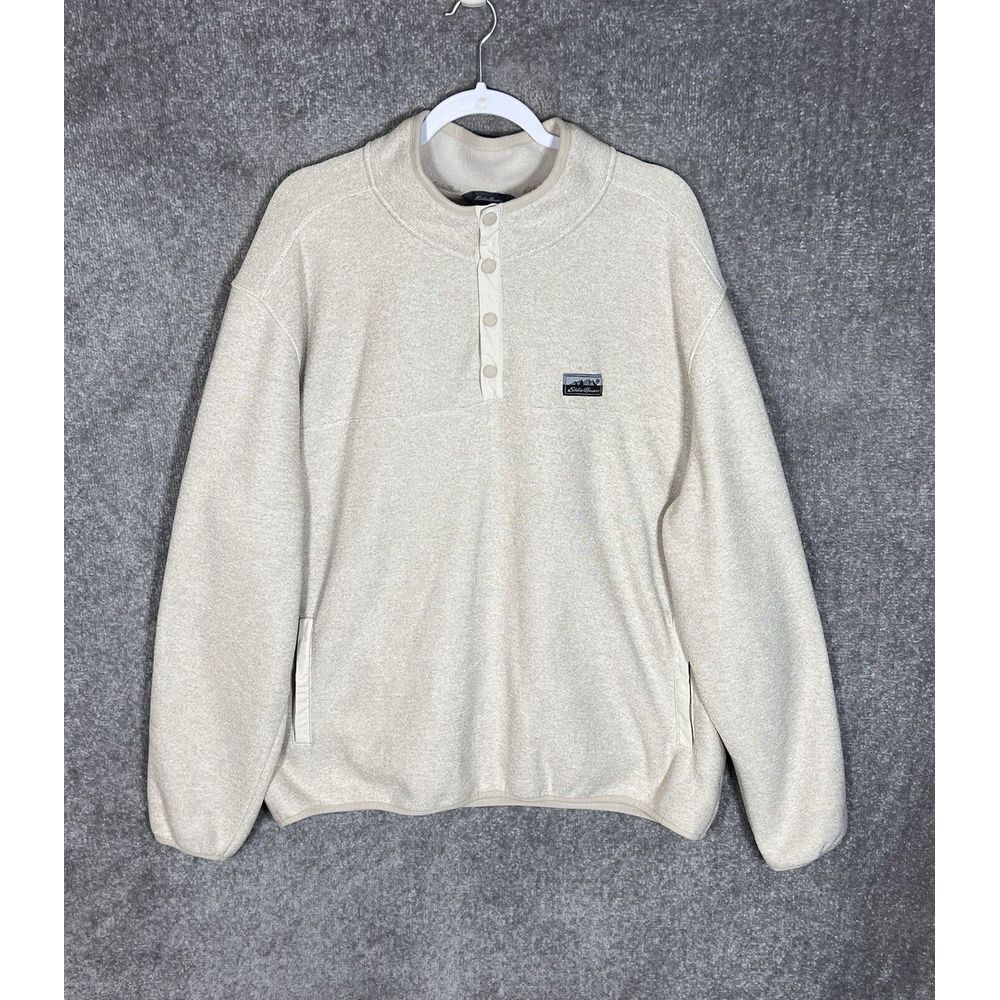 Eddie Bauer 1/4 Snap Fleece Lined‎ Sweater Mens Size XXL Beige Kangaroo Pocket